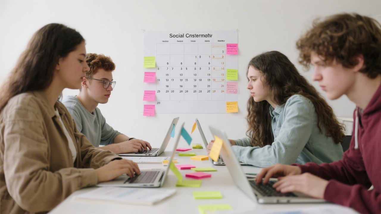 Students working on a social media content calendar with laptops and color-coded notes, demonstrating a practical workflow.