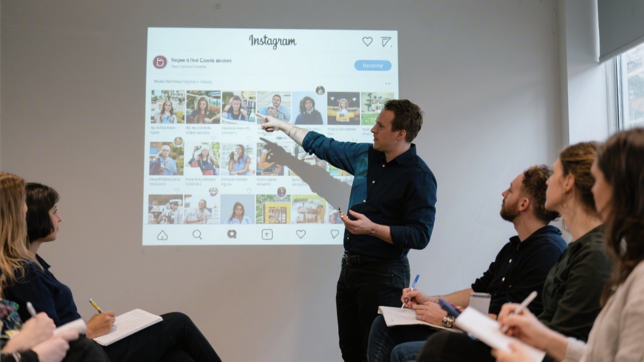 Trainer pointing at a projected Instagram feed mockup while participants take notes, demonstrating content planning for local Irish retailers.